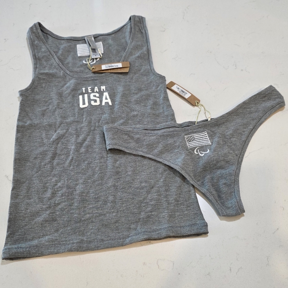2pcs SKIMS Soft Lounge Rib Tank + Thong Team USA PARALYMPIC HEATHER GRAY - Picture 2 of 14